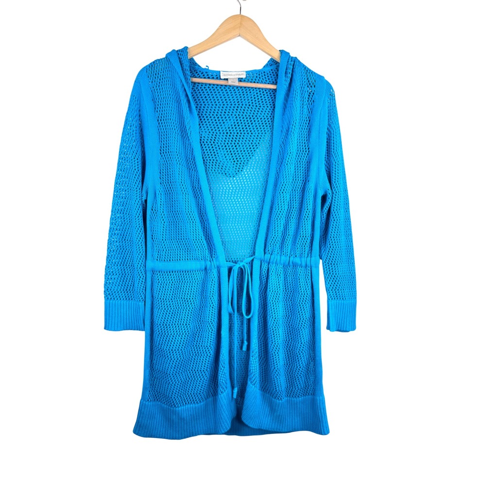 Christopher & Banks open knit crochet Cardigan sz L Mesh boho‎ beach teal 90s